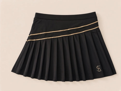 Élan Noir pleated skirt with two gold stripes and SE monogram